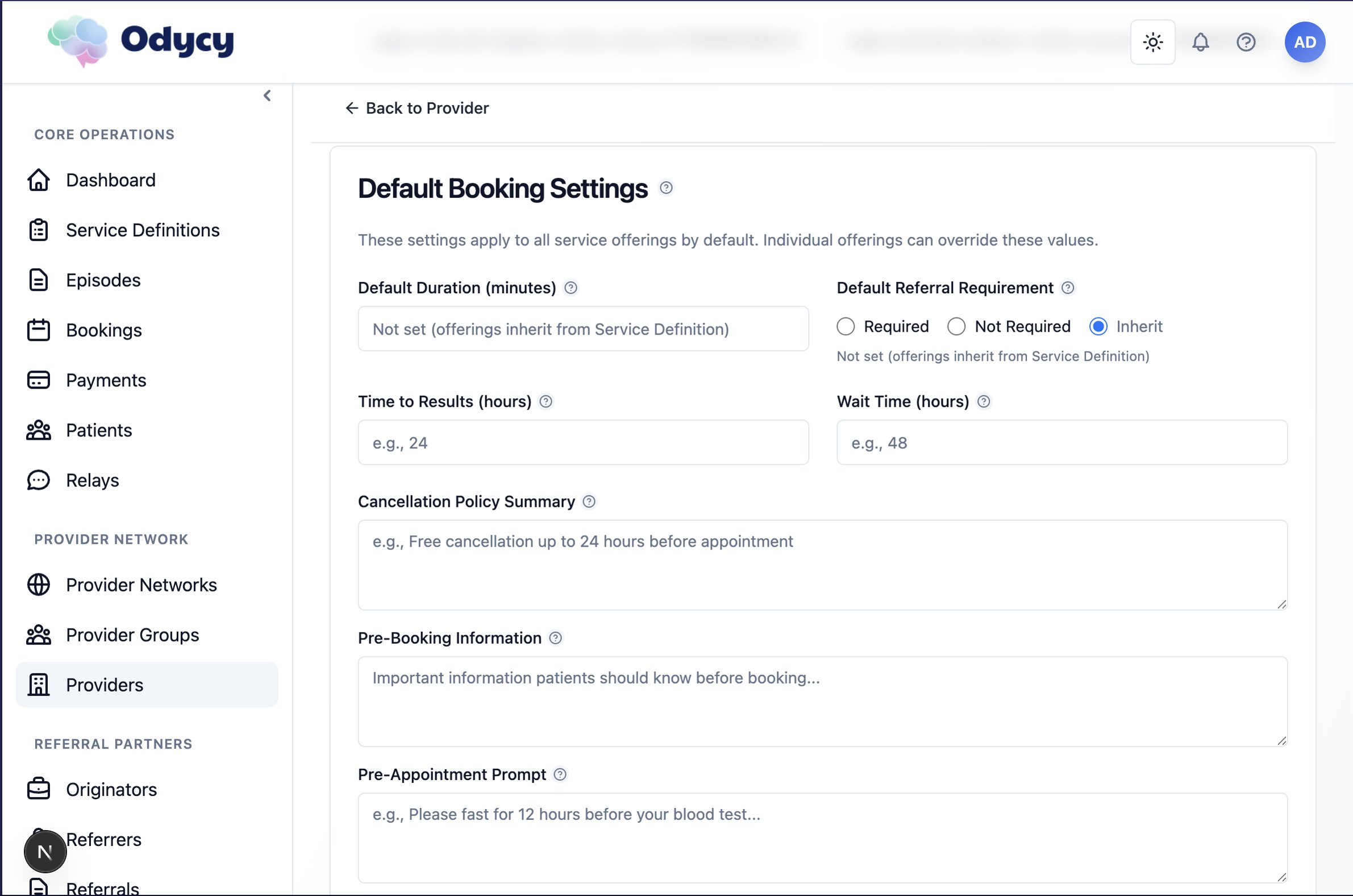 Provider Booking Settings